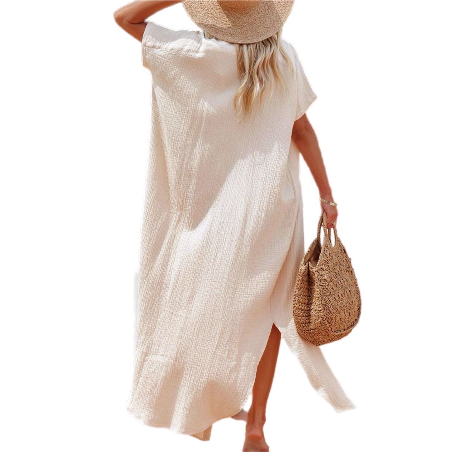 Casual Beige Button-Down Midi Shirt Dress