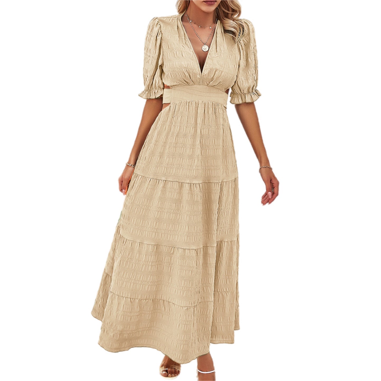 Textured Tiered Maxi Dress with Puff Sleeves