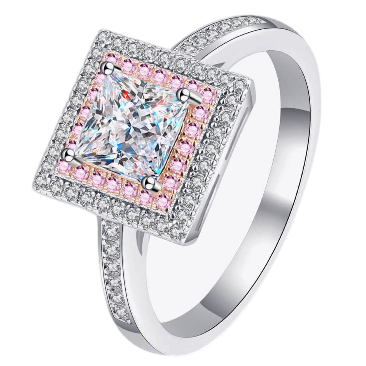 Pink Halo Princess 1 Carat Moissanite Ring