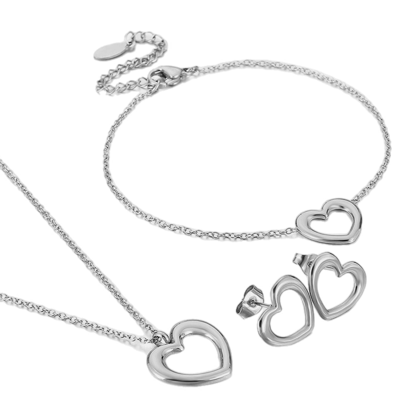 Heart Charm Necklace, Bracelet & Stud Earrings Set