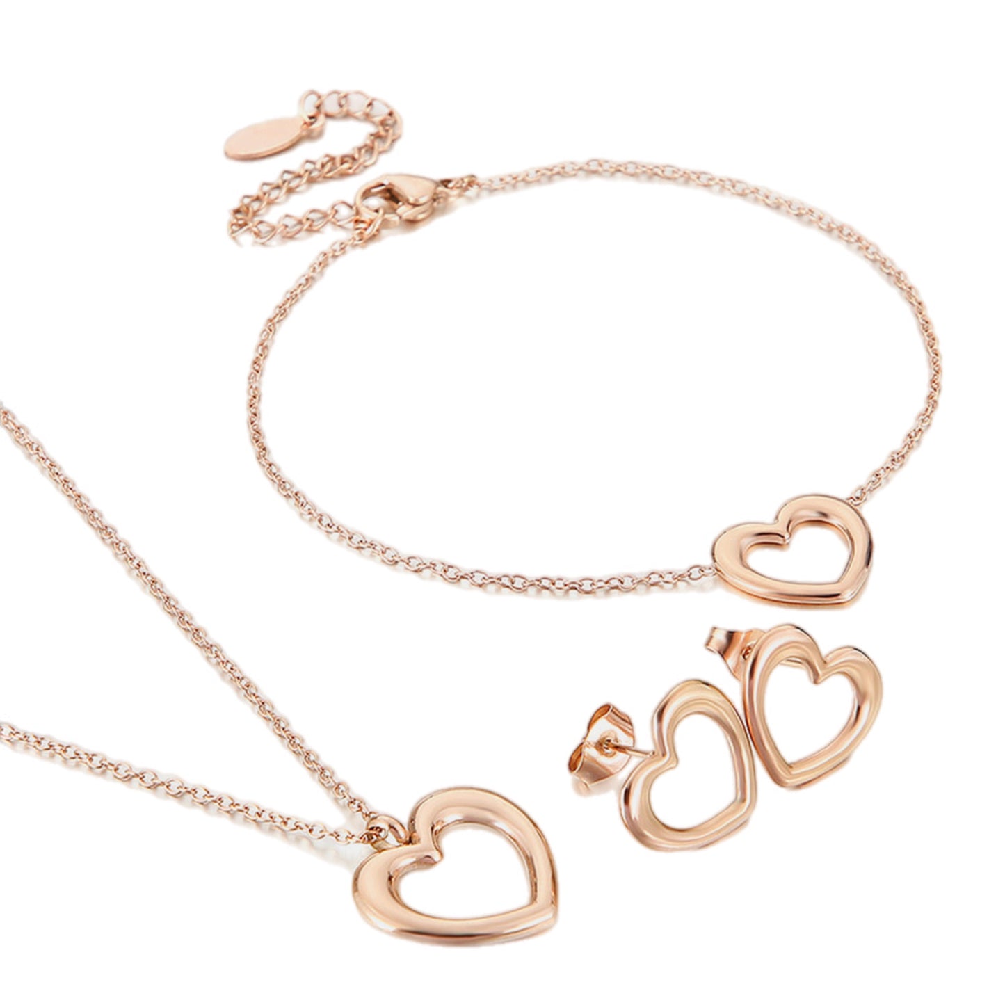 Heart Charm Necklace, Bracelet & Stud Earrings Set