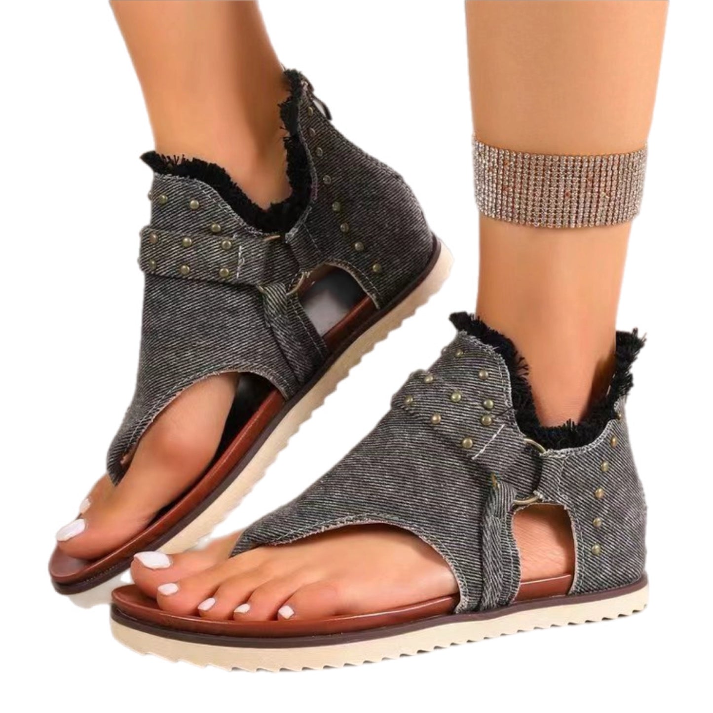 Studded Raw Hem Flat Sandals