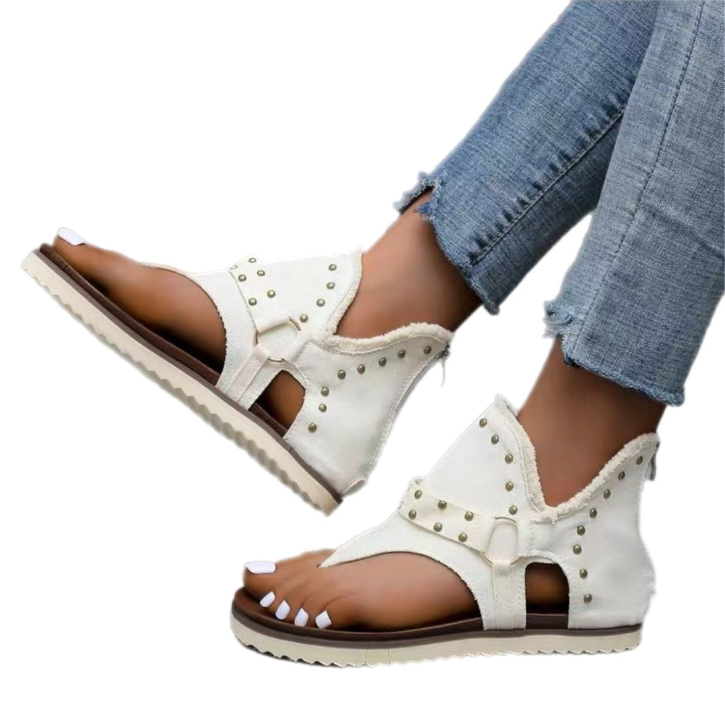 Studded Raw Hem Flat Sandals