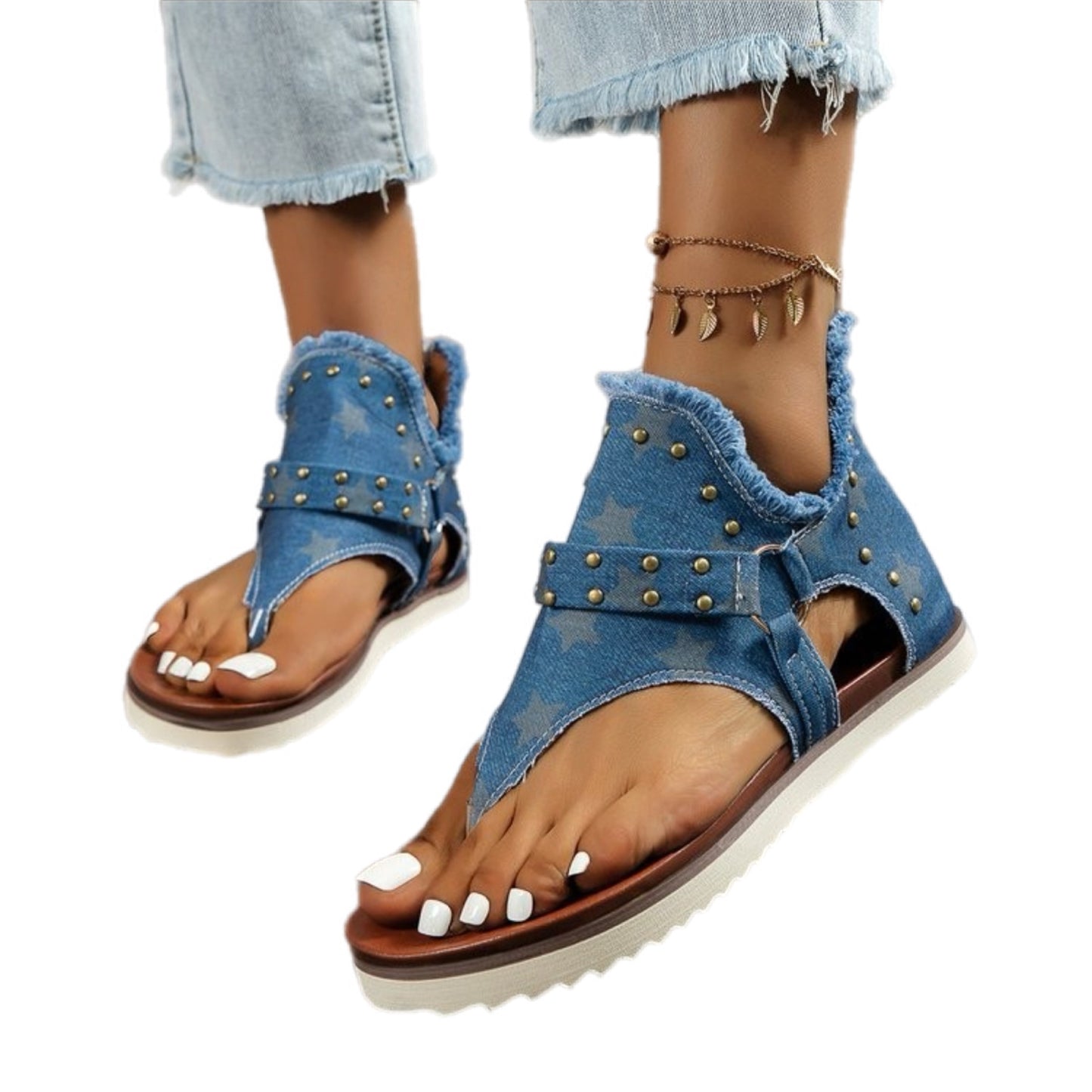 Studded Raw Hem Flat Sandals