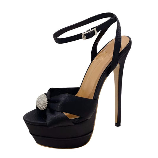 Black Peep Toe Platform High Heels with Rhinestone Accent