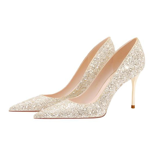 Pointed Toe Sequin Champagne Stiletto Heels