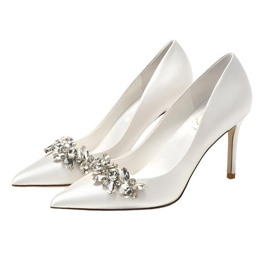 Satin Champagne or White Stiletto Heels with Crystal Detail