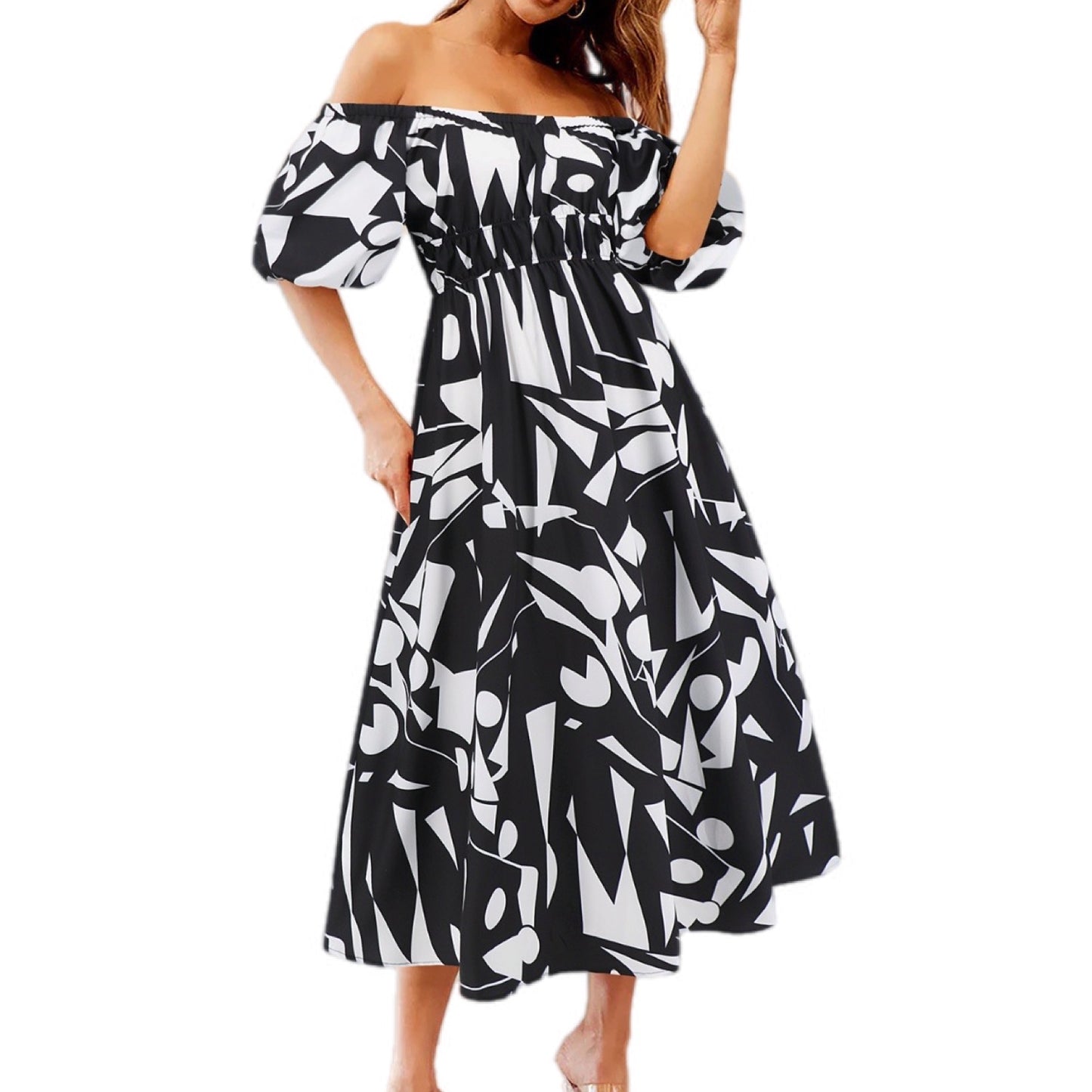 Printed Off-Shoulder Balloon Sleeve Dress