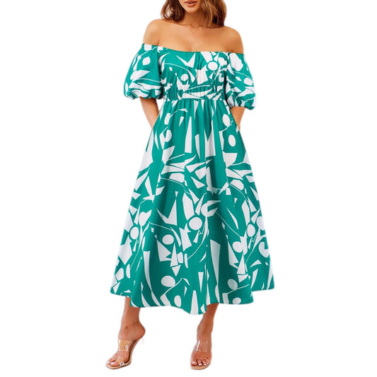 Printed Off-Shoulder Balloon Sleeve Dress