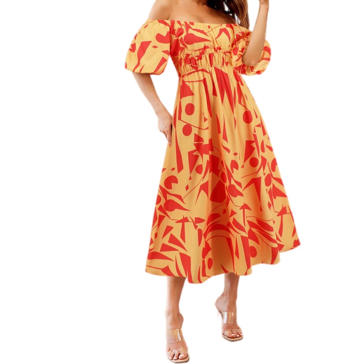 Printed Off-Shoulder Balloon Sleeve Dress