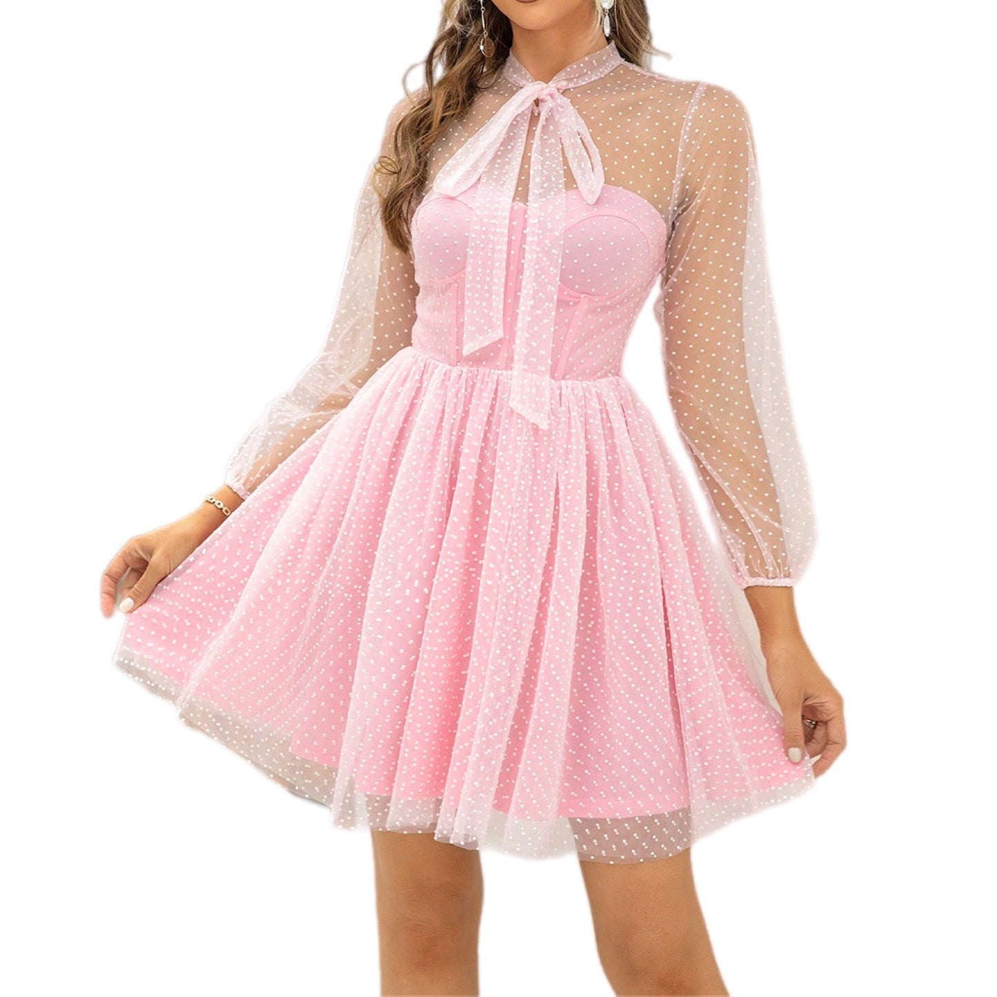 Enchanted Polka Dot Tulle Dress with Bow Neckline