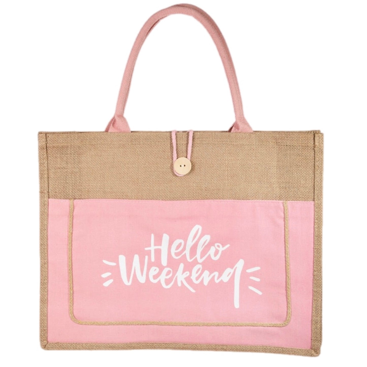 Hello Weekend Burlap Tote Bag