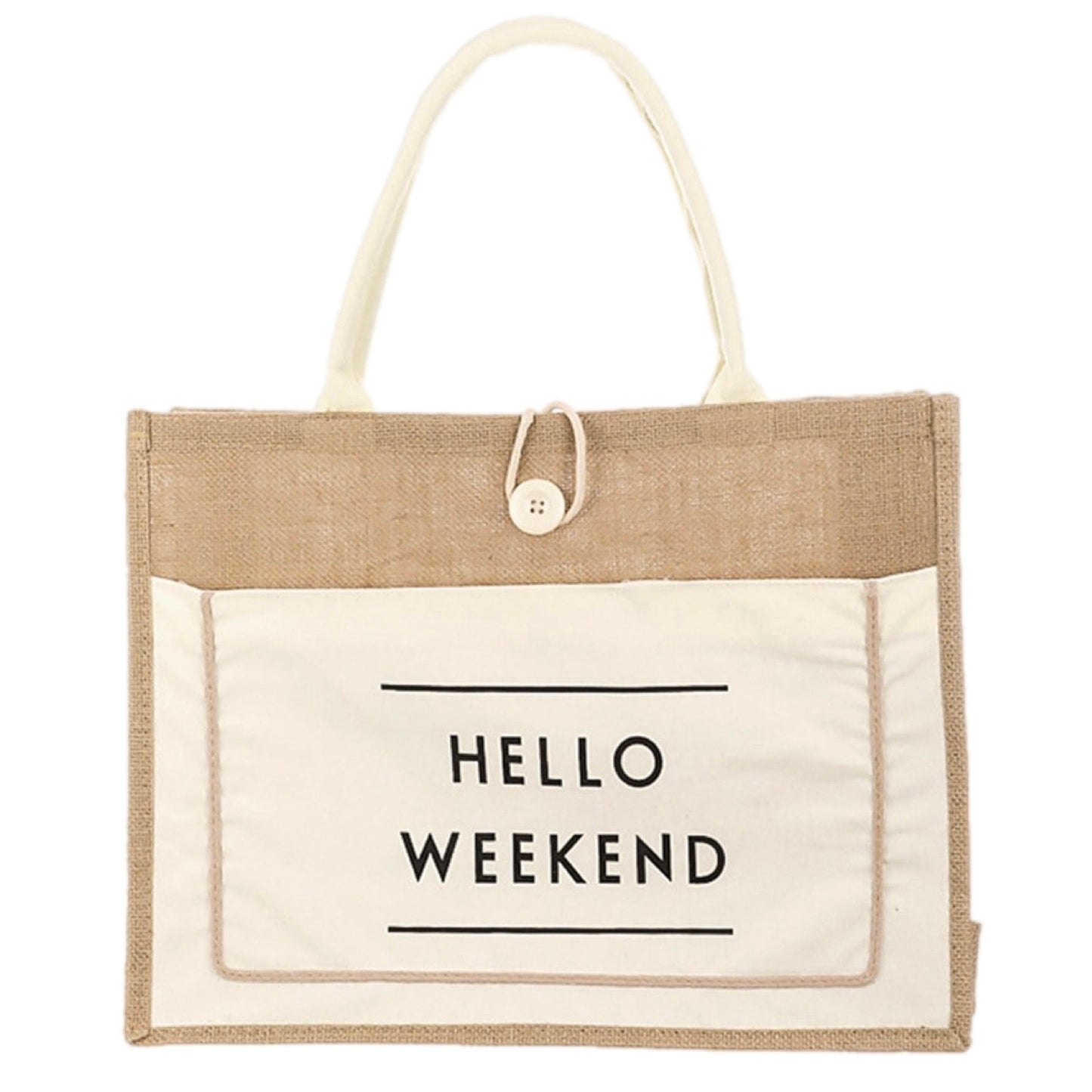 Hello Weekend Burlap Tote Bag