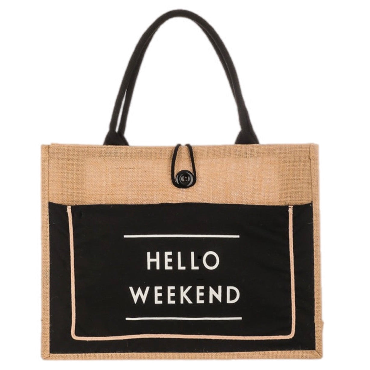 Hello Weekend Burlap Tote Bag