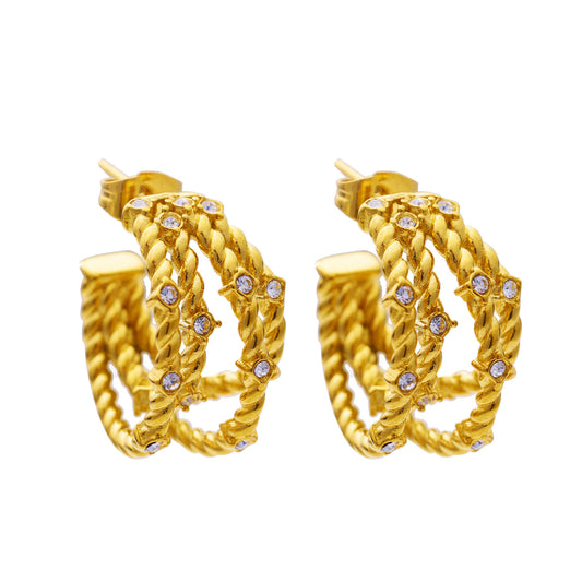 Gold Steel Twisted Hoop Stud Earring with CZ Accents