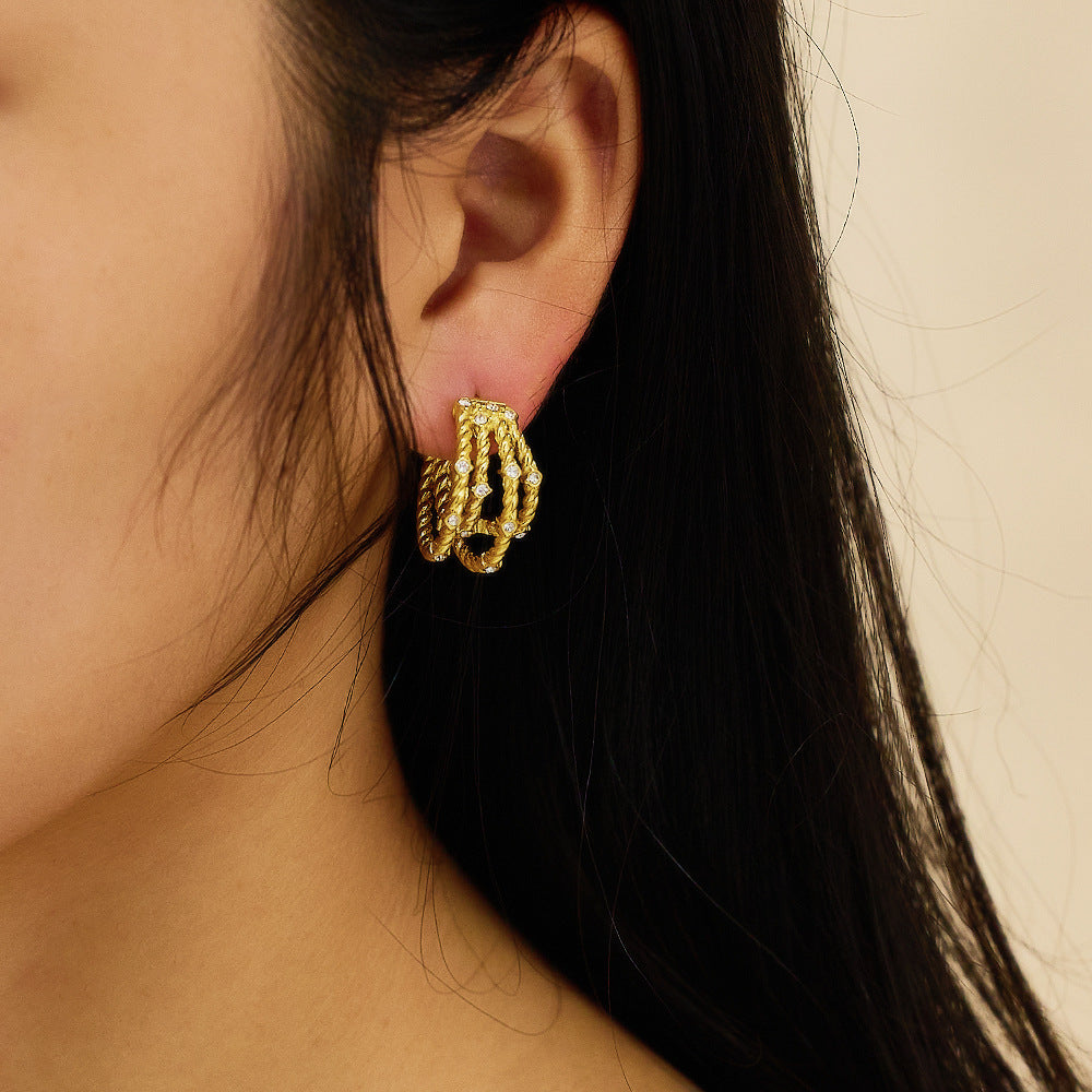 Gold Steel Twisted Hoop Stud Earring with CZ Accents