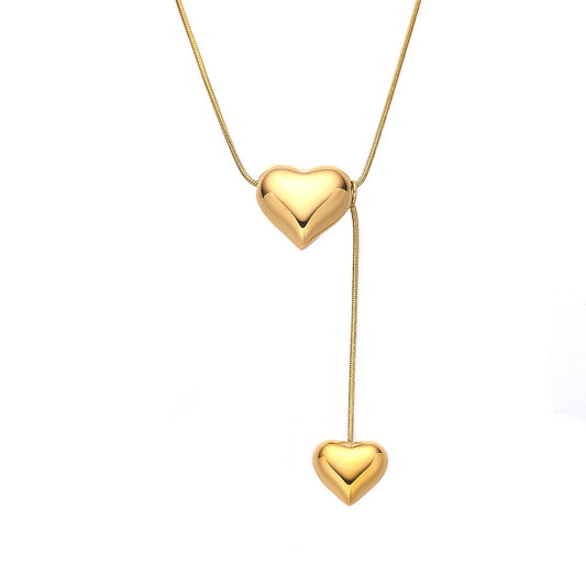 Gold Steel Lariat Heart Charm Necklace