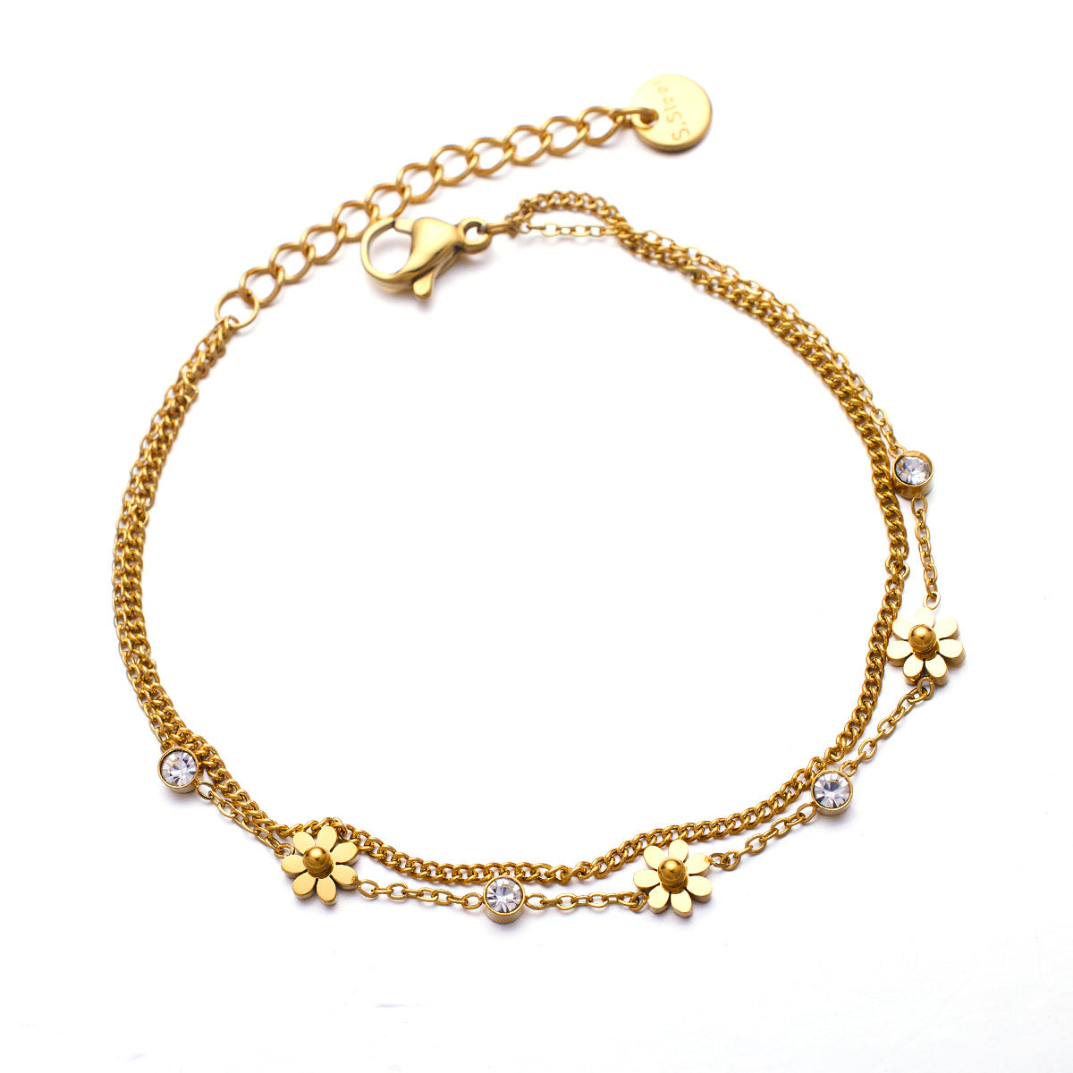 Gold Steel Flower Charm Bracelet with CZ Accents