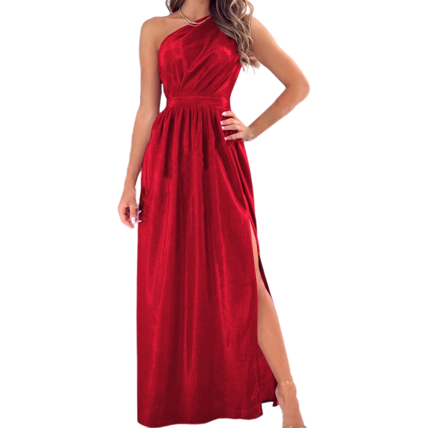 One Shoulder Slit Ruched Maxi Dress