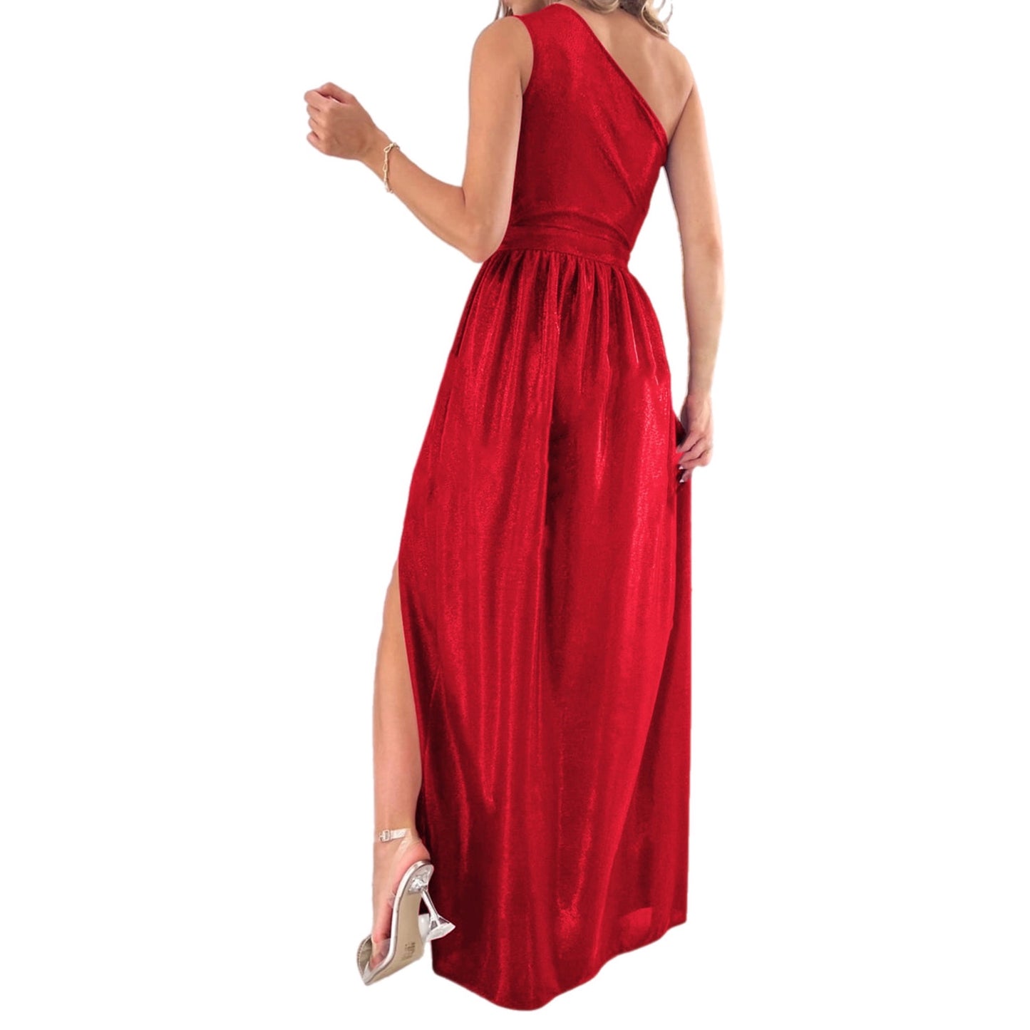 One Shoulder Slit Ruched Maxi Dress