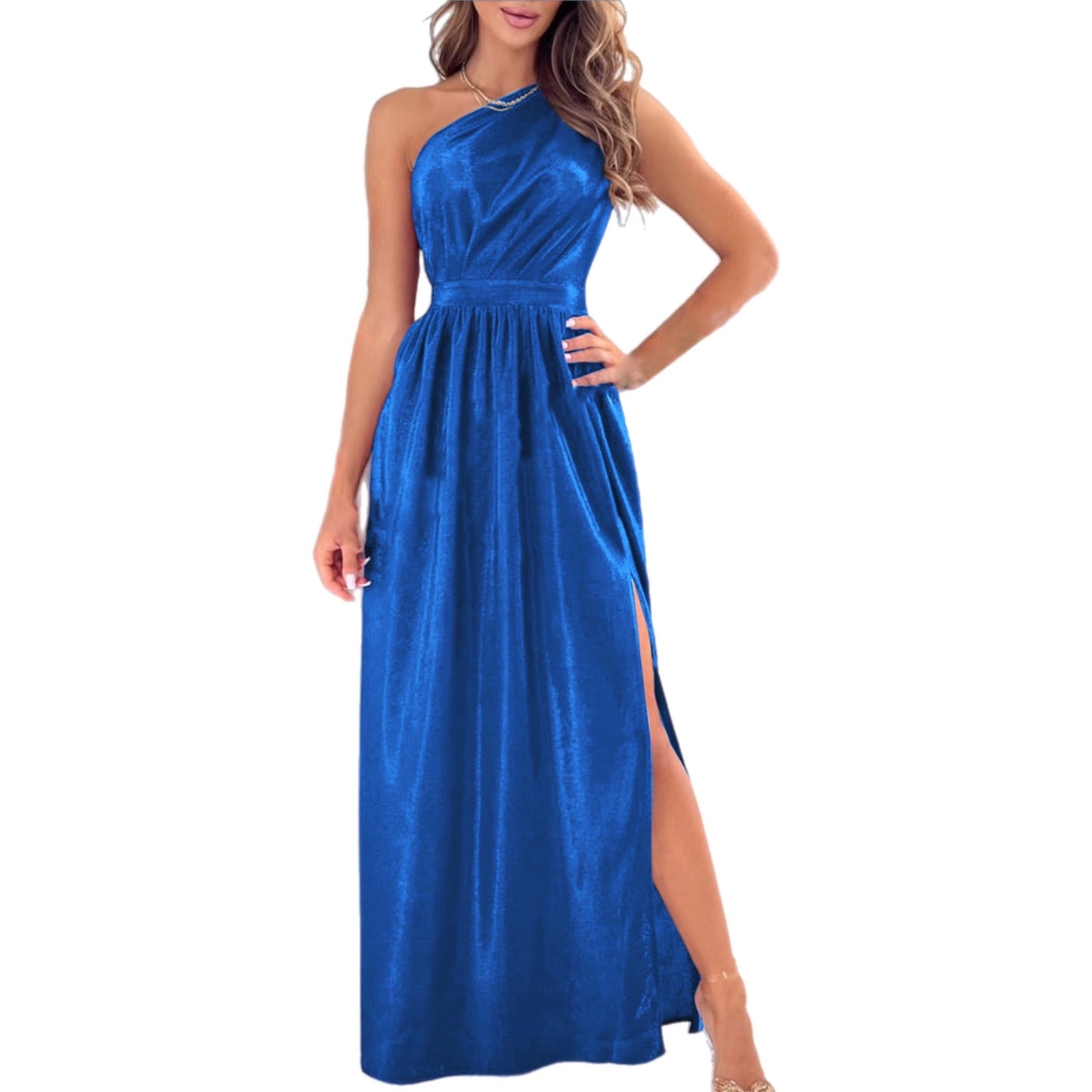 One Shoulder Slit Ruched Maxi Dress