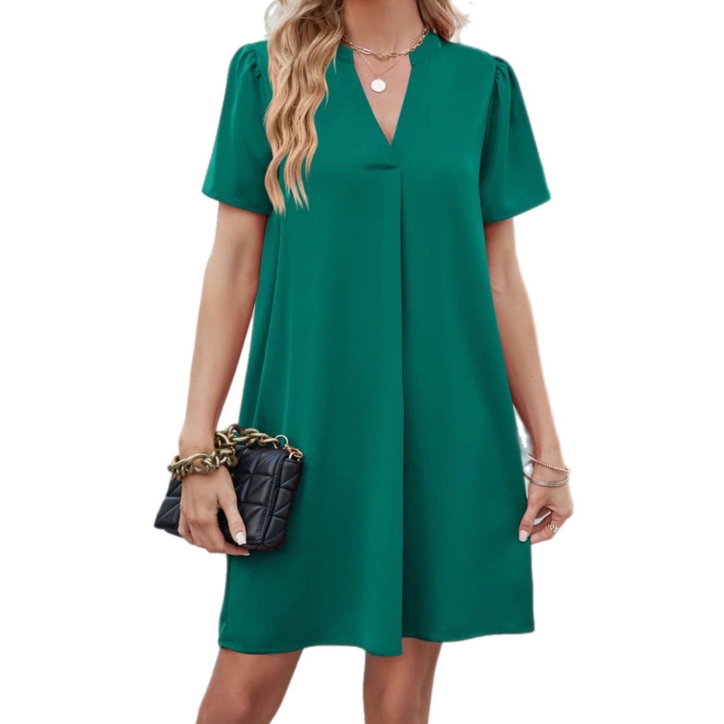 Notched Puff Sleeve Dress