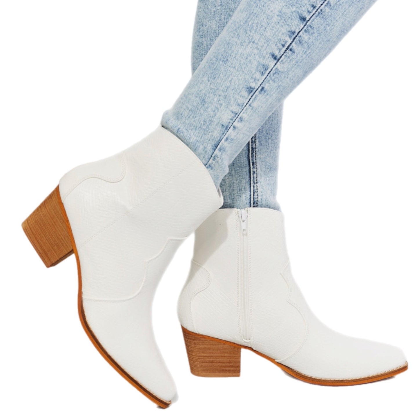 Leather Western Ankle Boots in White