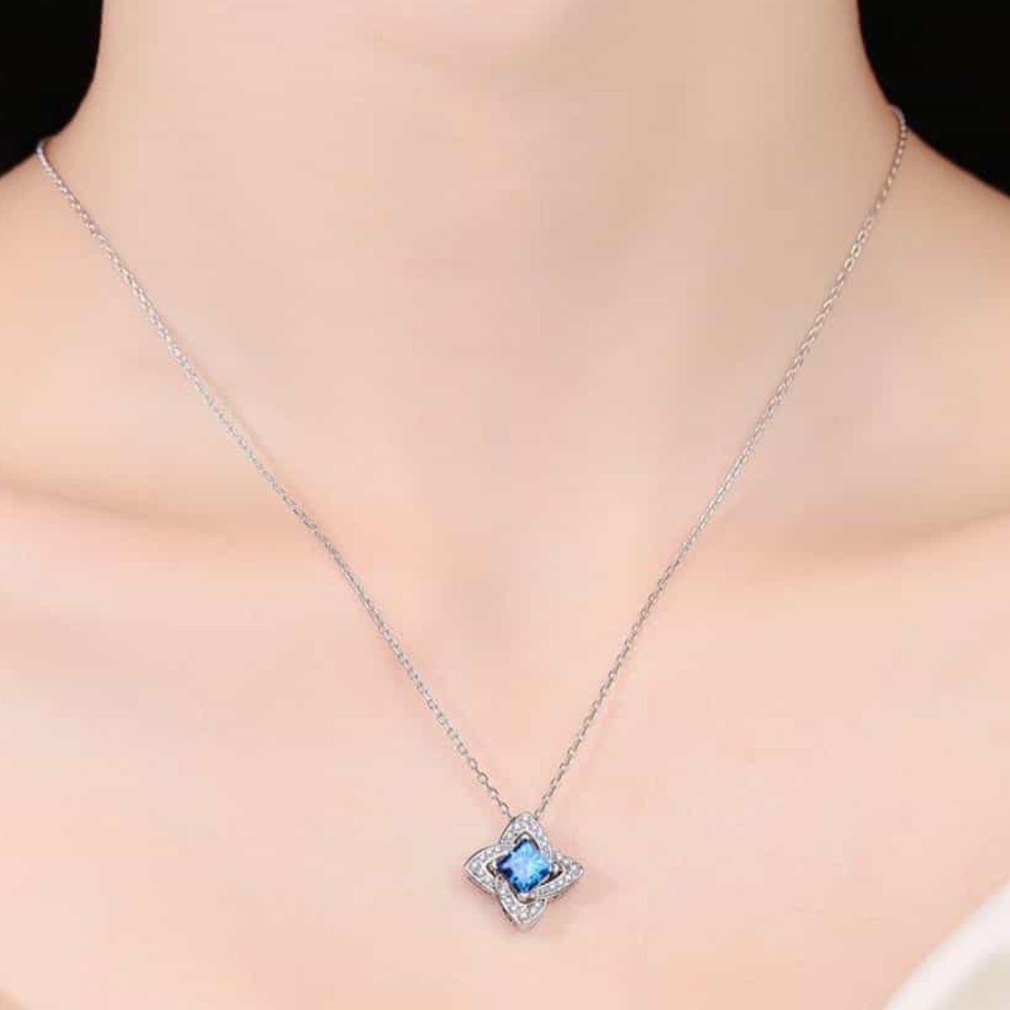 Blue Moissanite Floral Necklace