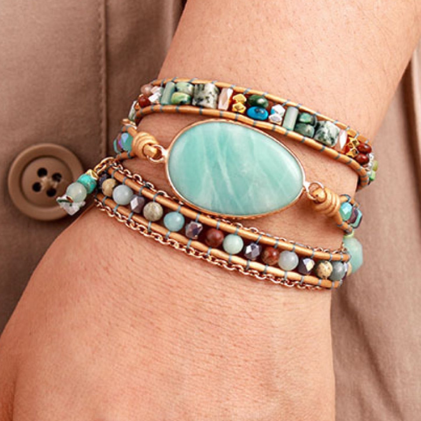 Amazonite Beaded Triple Layered Bracelet