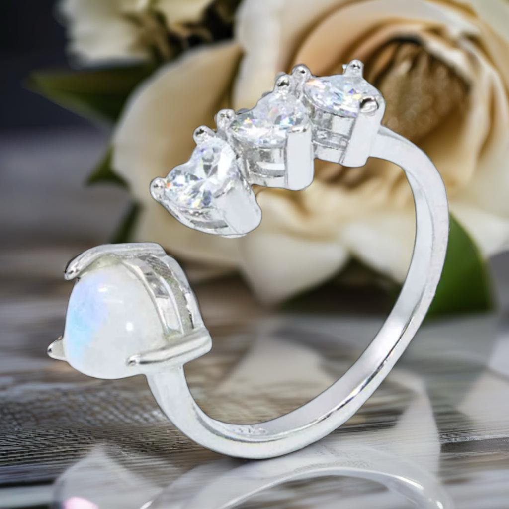 Moonstone & CZ Heart Open Ring