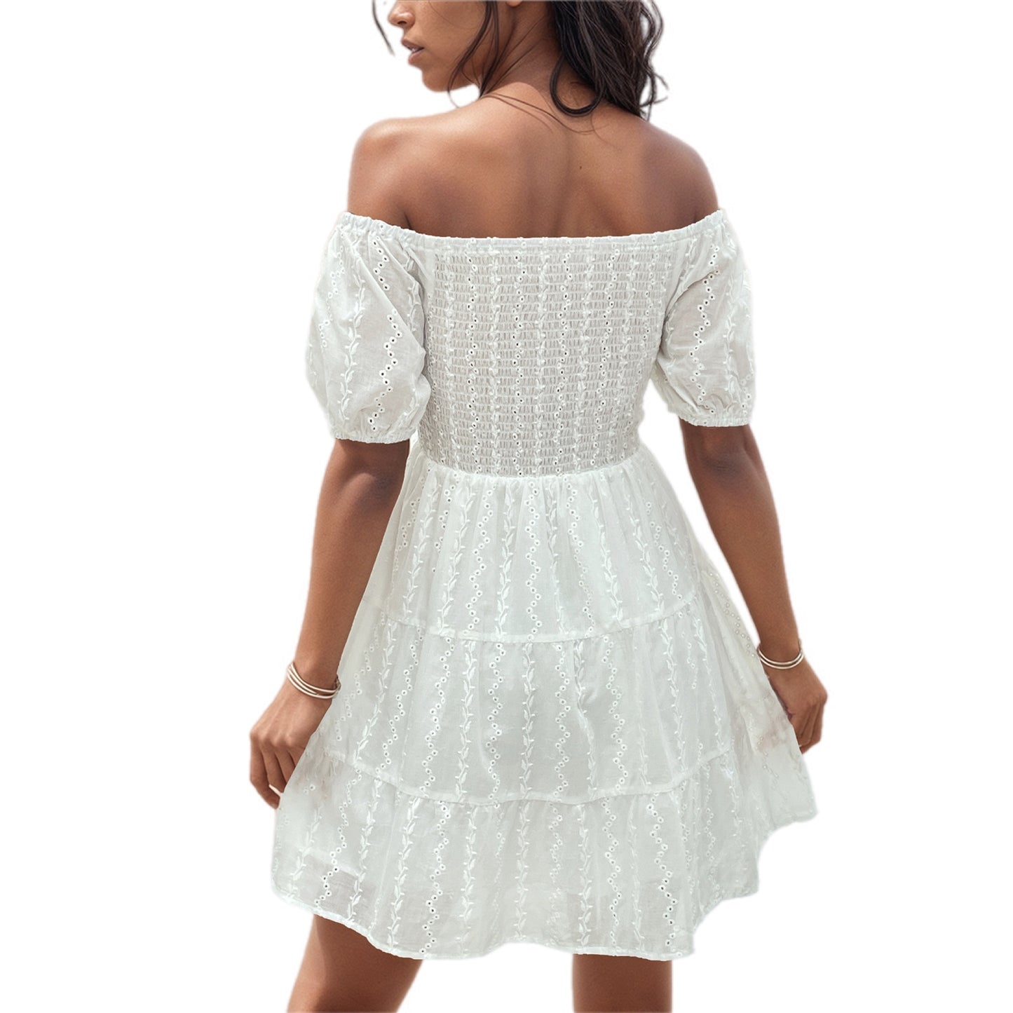 Off-Shoulder Smocked Eyelet Lace Dress