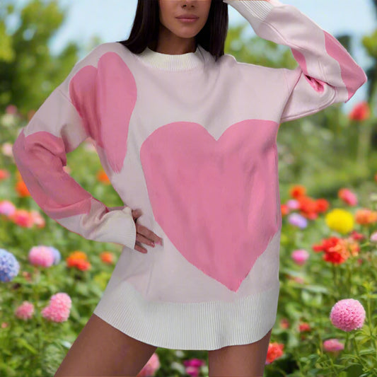 Pink Heart Knit Long Sleeve Sweater