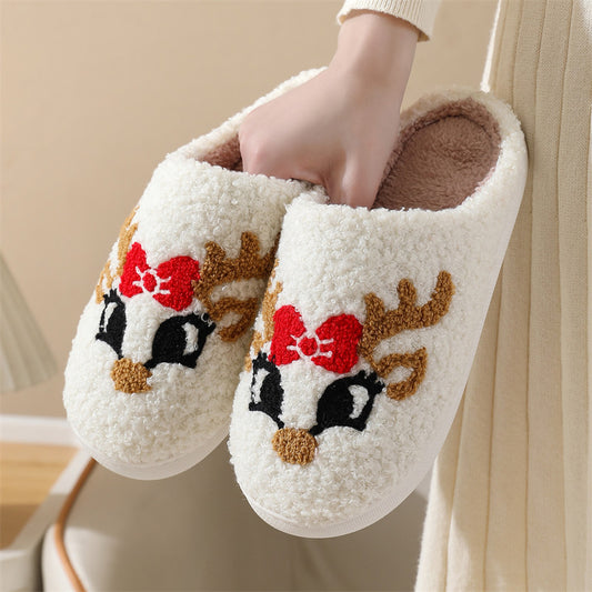 Christmas Reindeer Print Home Plush Slippers