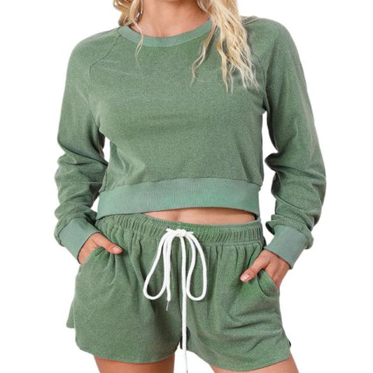 Round Neck Long Sleeve Top & Drawstring Shorts Lounge Set