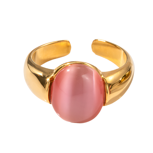 Gold Steel Adjustable Ring with Oval Pink Cats Eye