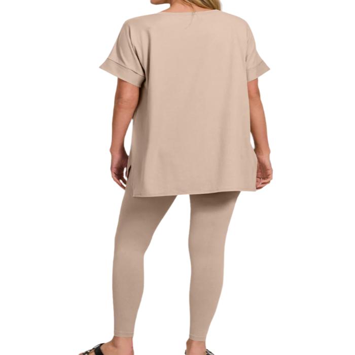 V-Neck Rolled Short Sleeve T-Shirt & Leggings Lounge Set