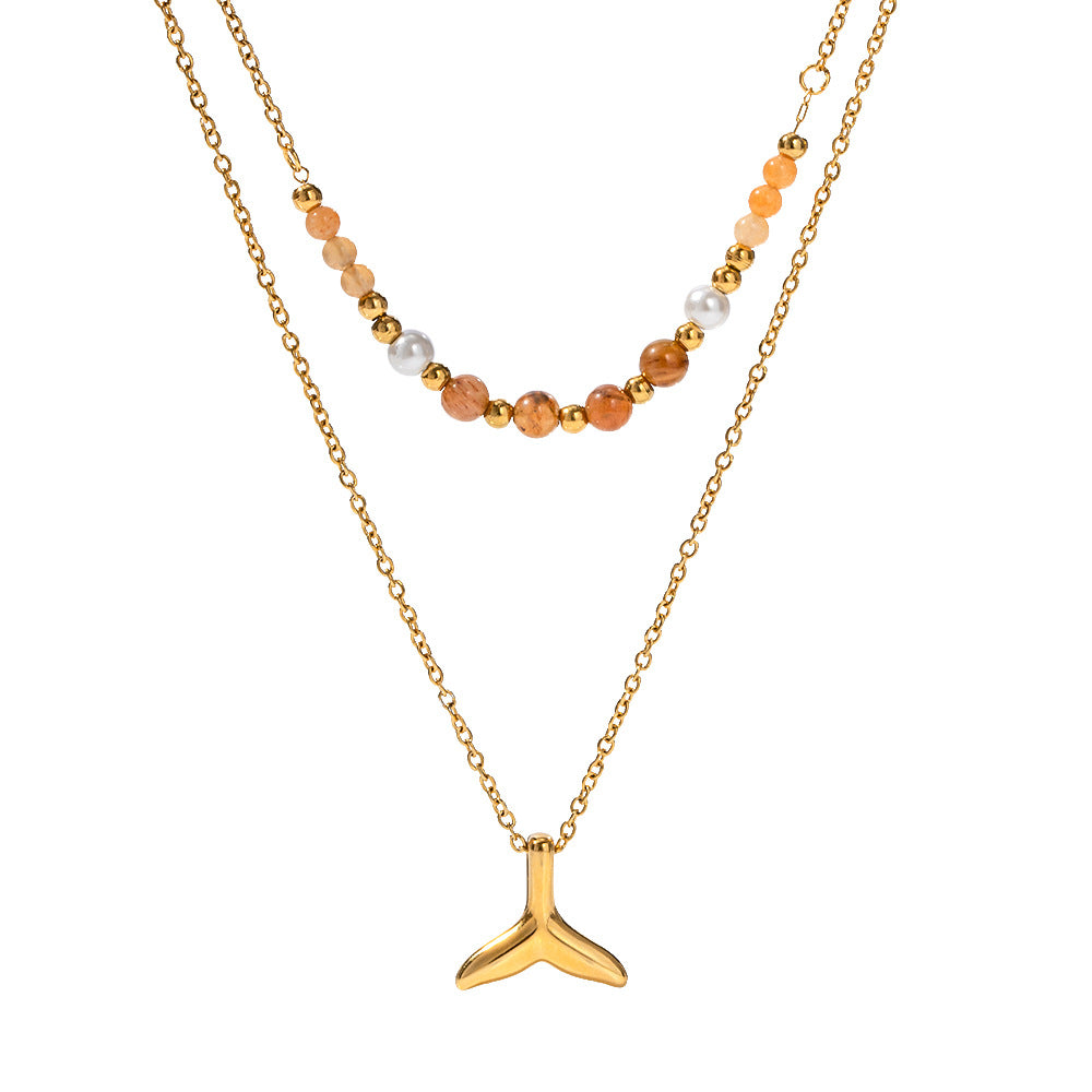 Whale Fin Layered Gold Steel Necklace with Gemstone Accents