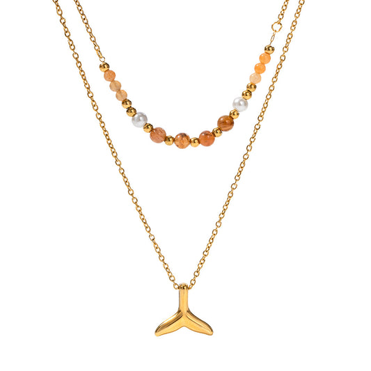 Whale Fin Layered Gold Steel Necklace with Gemstone Accents