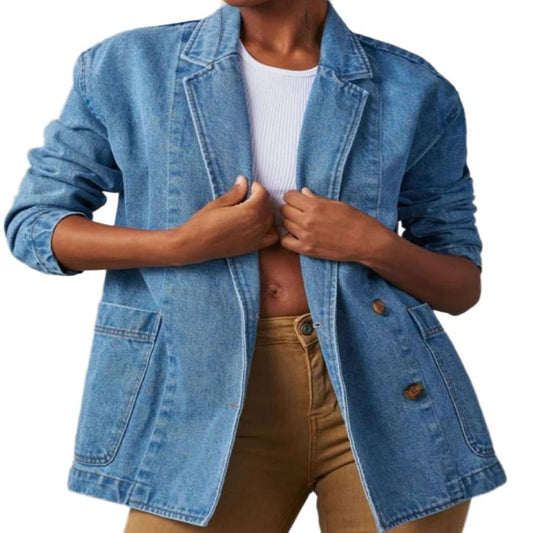 Pocketed Lapel Collar Denim Blazer