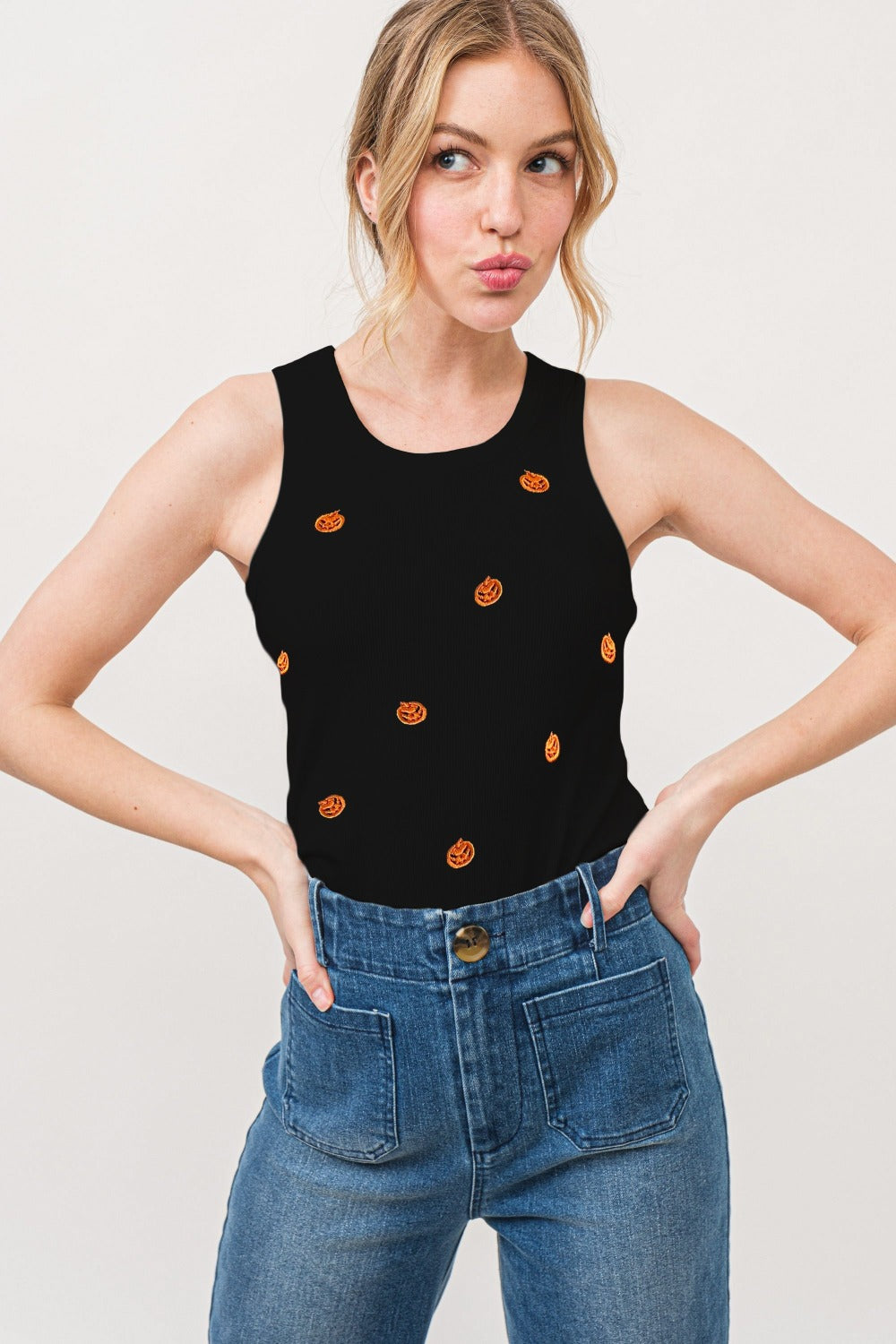 Jack O' Lantern Embroidered Ribbed Tank