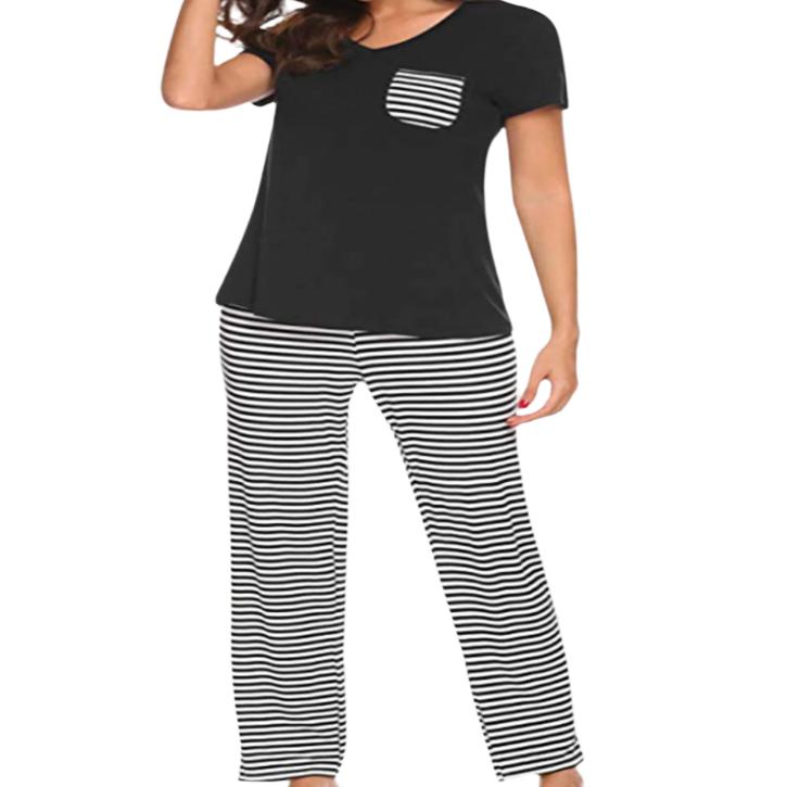 Pocketed Short Sleeve Top & Striped Pants Pajama Set