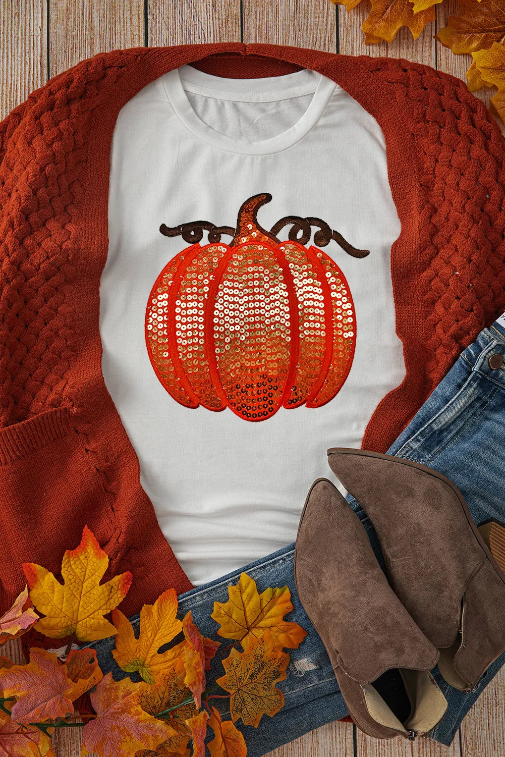 Sequin Pumpkin Round Neck Short Sleeve T-Shirt