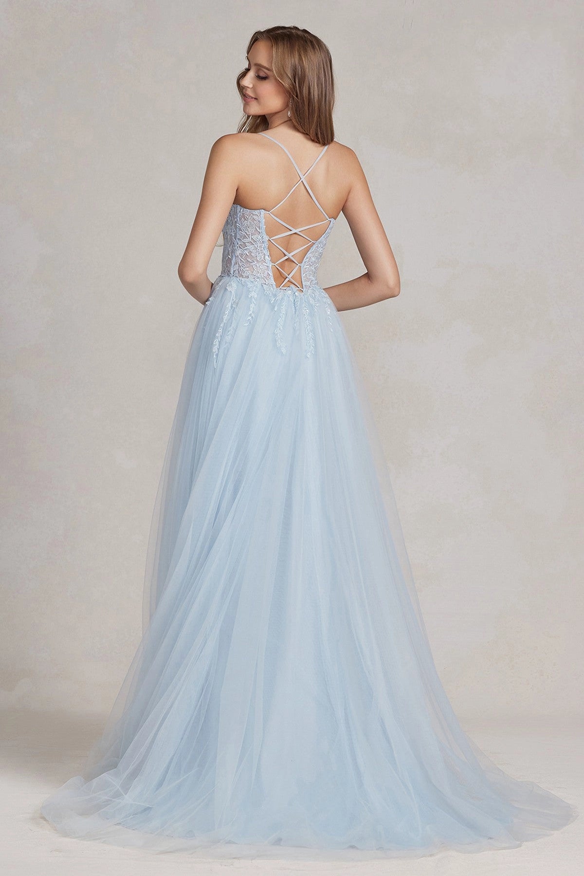 Open Back Tulle Prom Floral A-Line Formal Gown