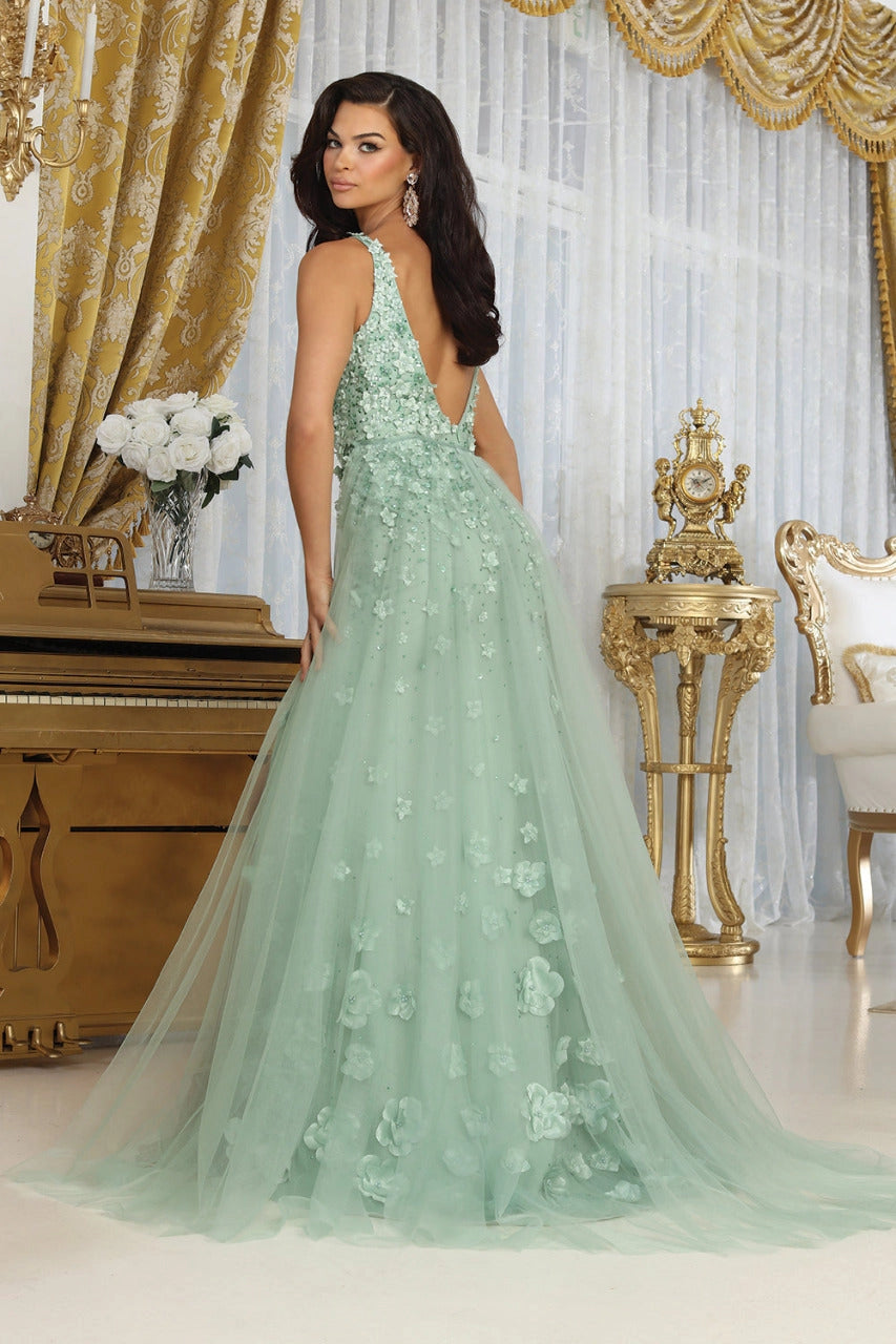 3D Floral Applique Pearl Tulle Gala Gown