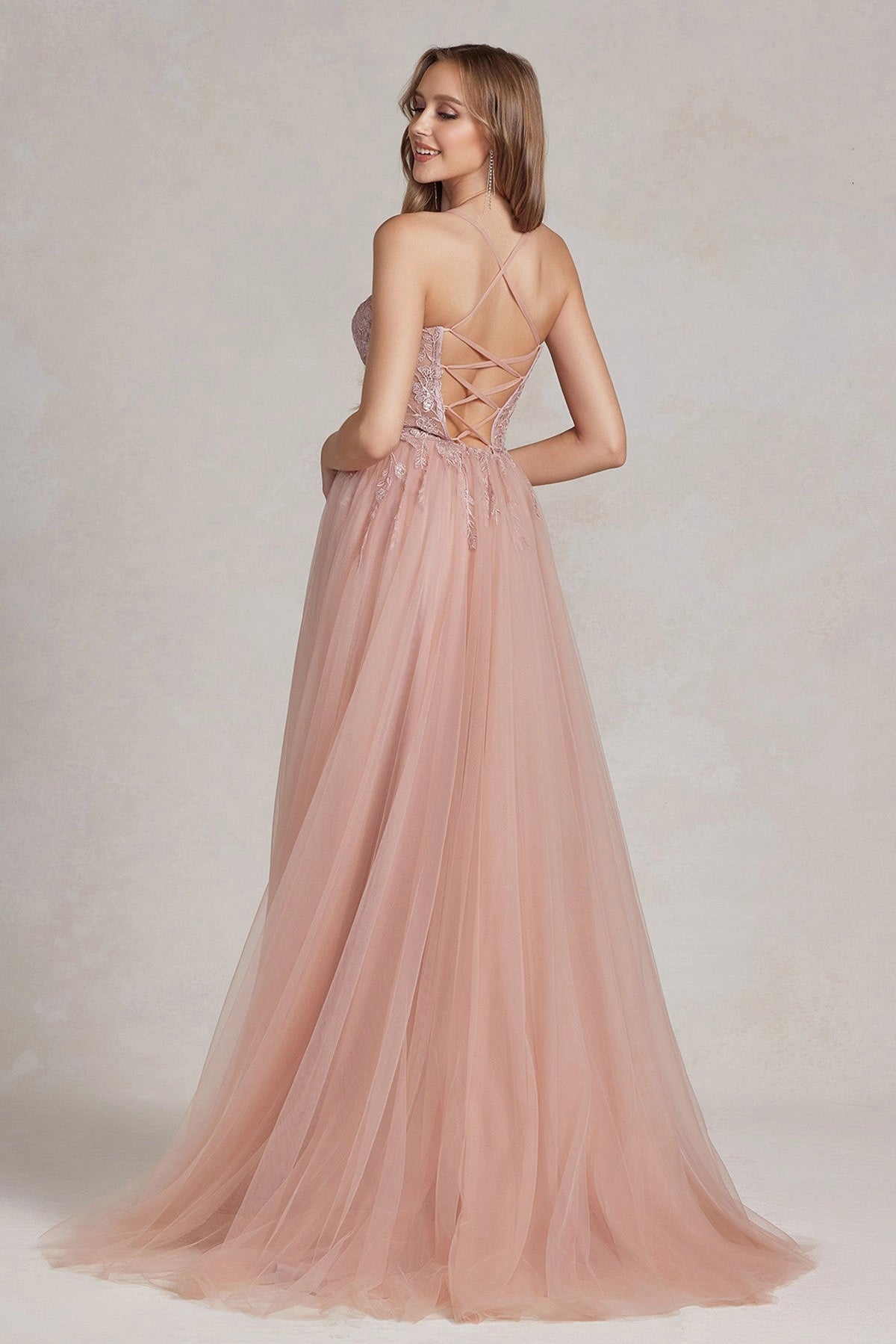 Open Back Tulle Prom Floral A-Line Formal Gown