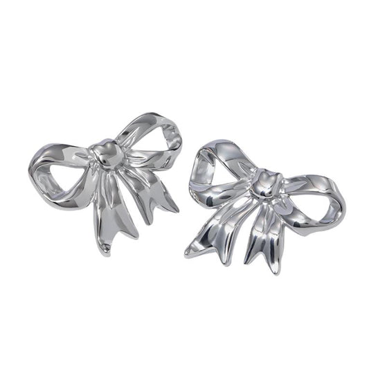 Silver Steel Bow Stud Earrings