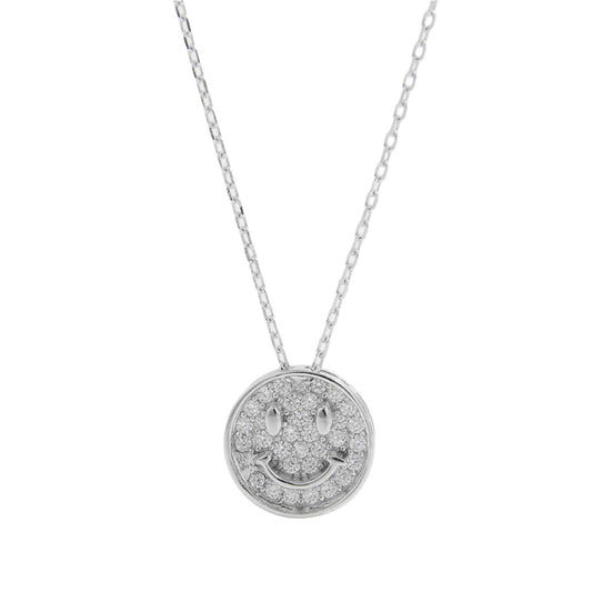 925 Sterling Silver CZ Smiley Face Necklace