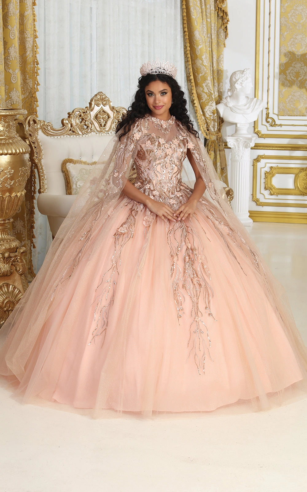 Detachable Cape Embroidered Quinceanera Ball Gown in Rose Gold