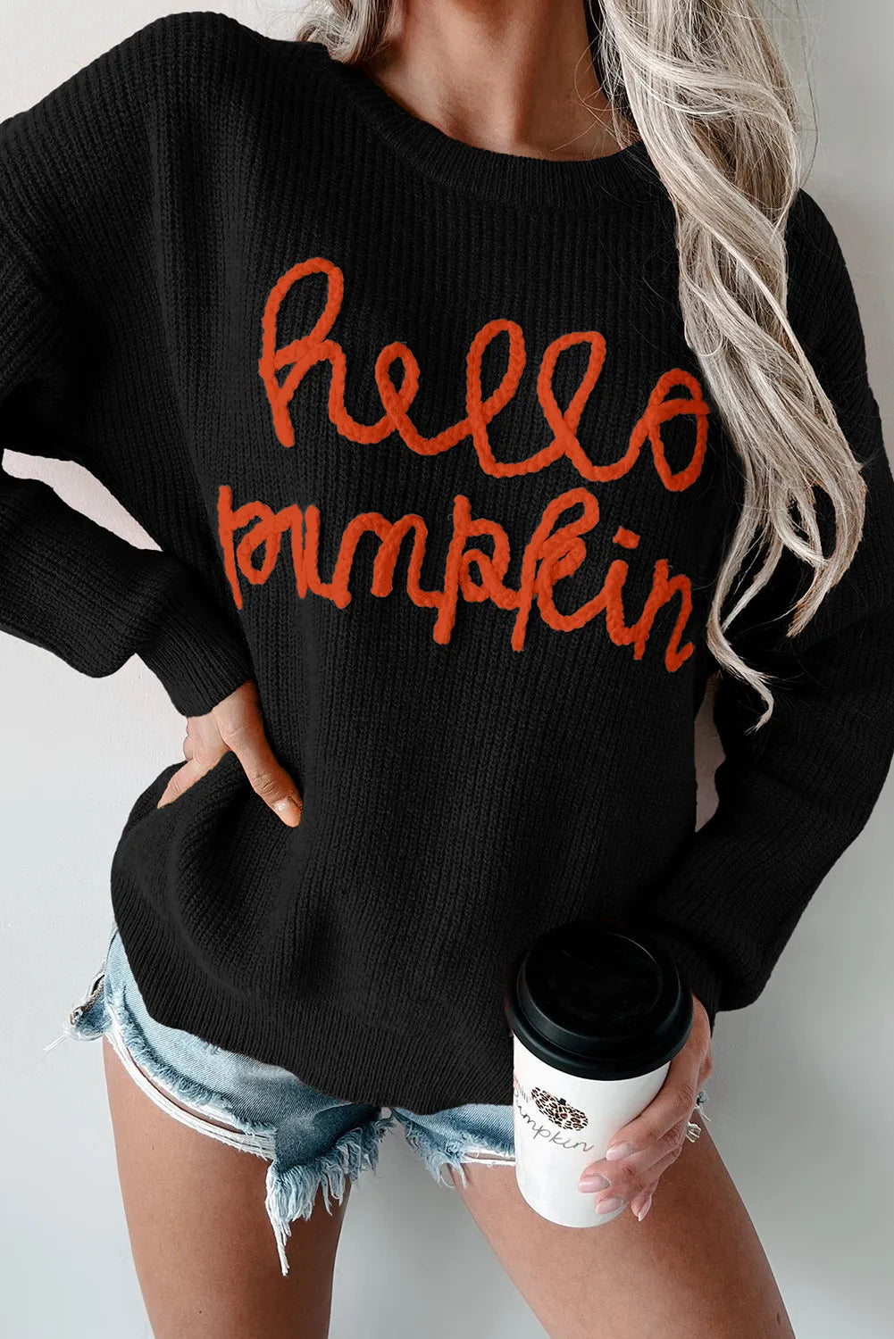 Hello Pumpkin Round Neck Long Sleeve Sweater