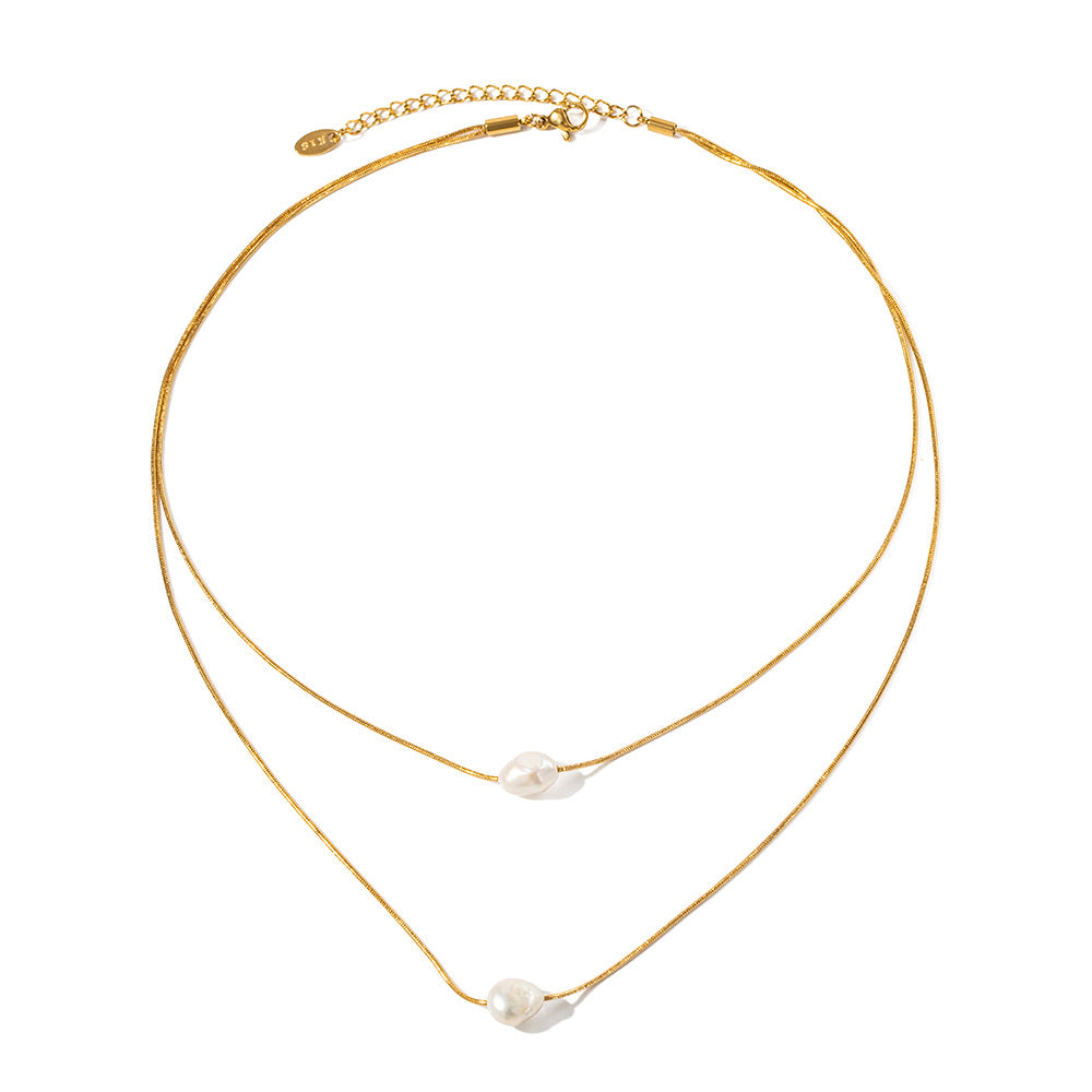 Gold Steel Layered Freshwater Pearl Necklace